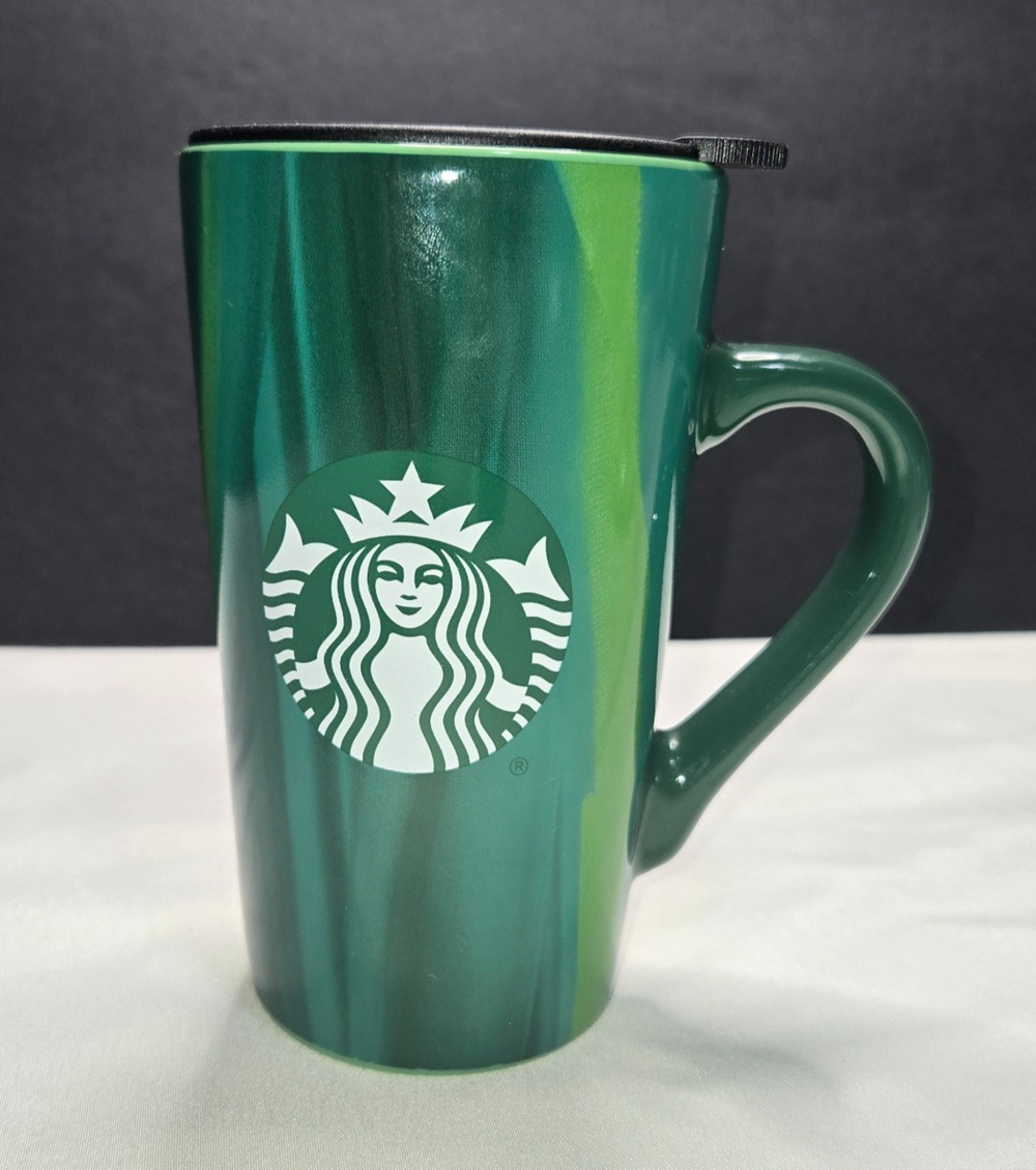 Starbucks 2022 Green Marbled Ceramic Travel Mug 16 Oz Siren Logo Lid